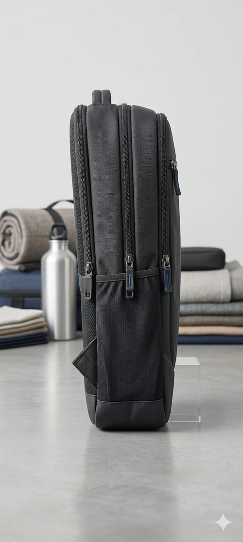 Black bag on a light gray surface with folded clothes and a water bottle in the background.