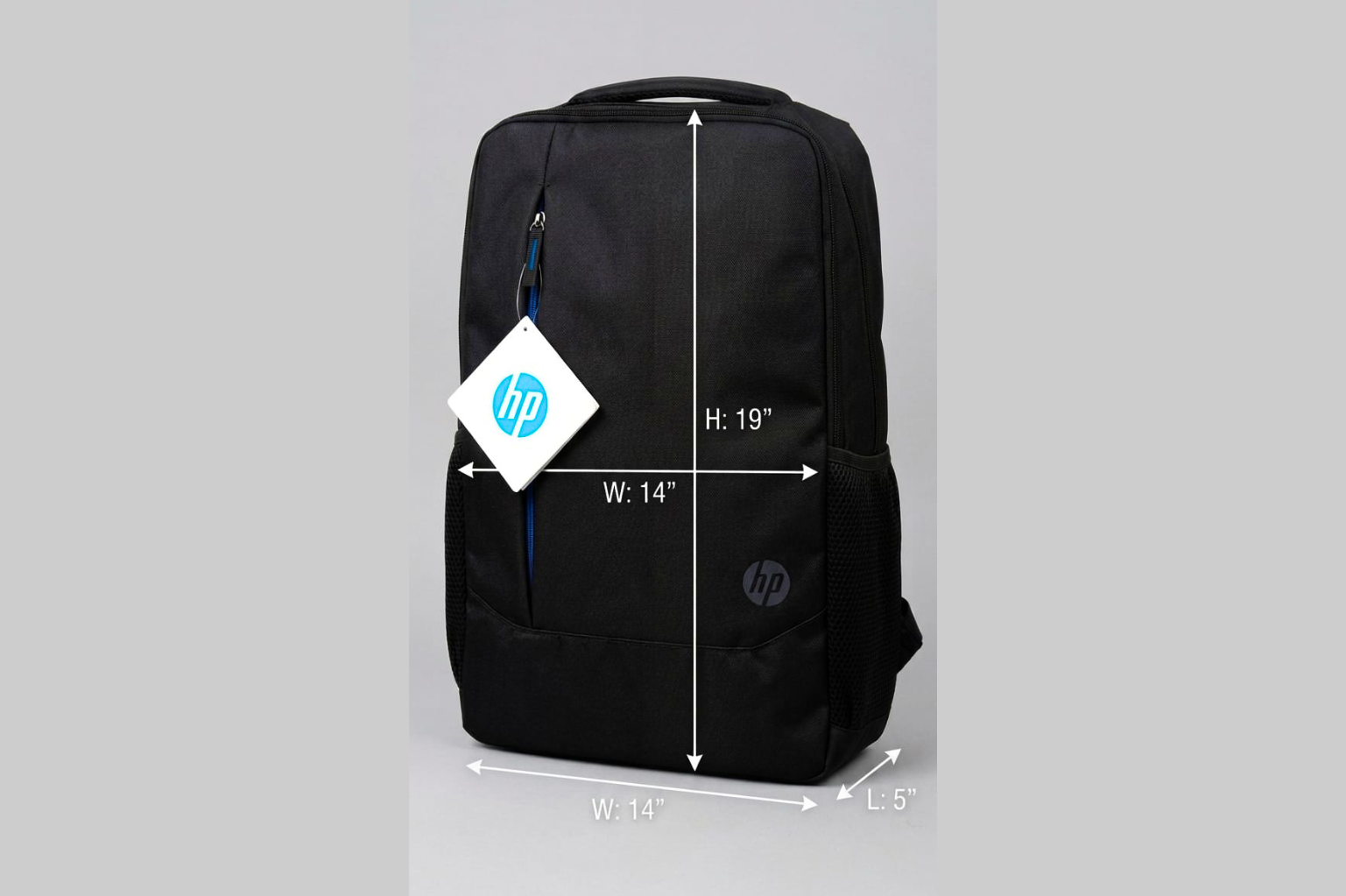 Black HP backpack with dimensions on a gray background
