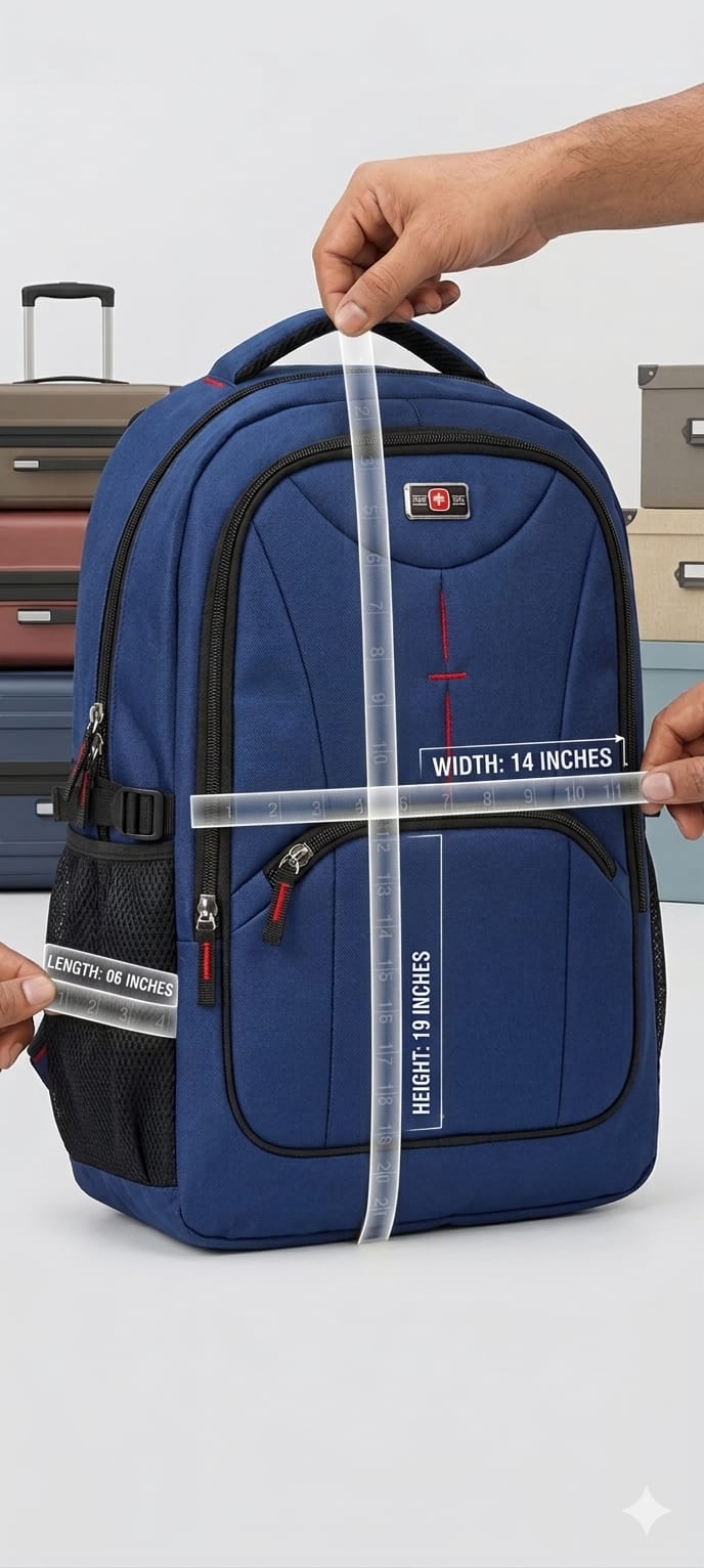 Blue backpack with measurement label held by a hand against a white background