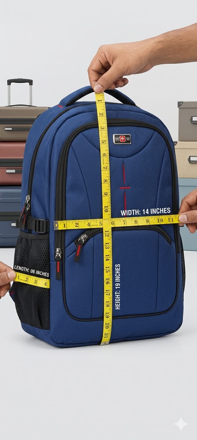 Blue backpack with a measuring tape indicating dimensions, held by a hand against a neutral background.