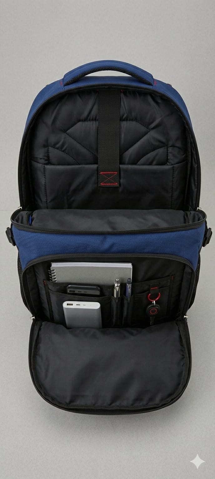 Blue and black Bag with compartments on a gray background