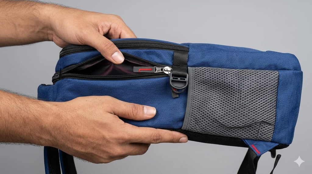 Person opening a blue and gray bag with a gray background