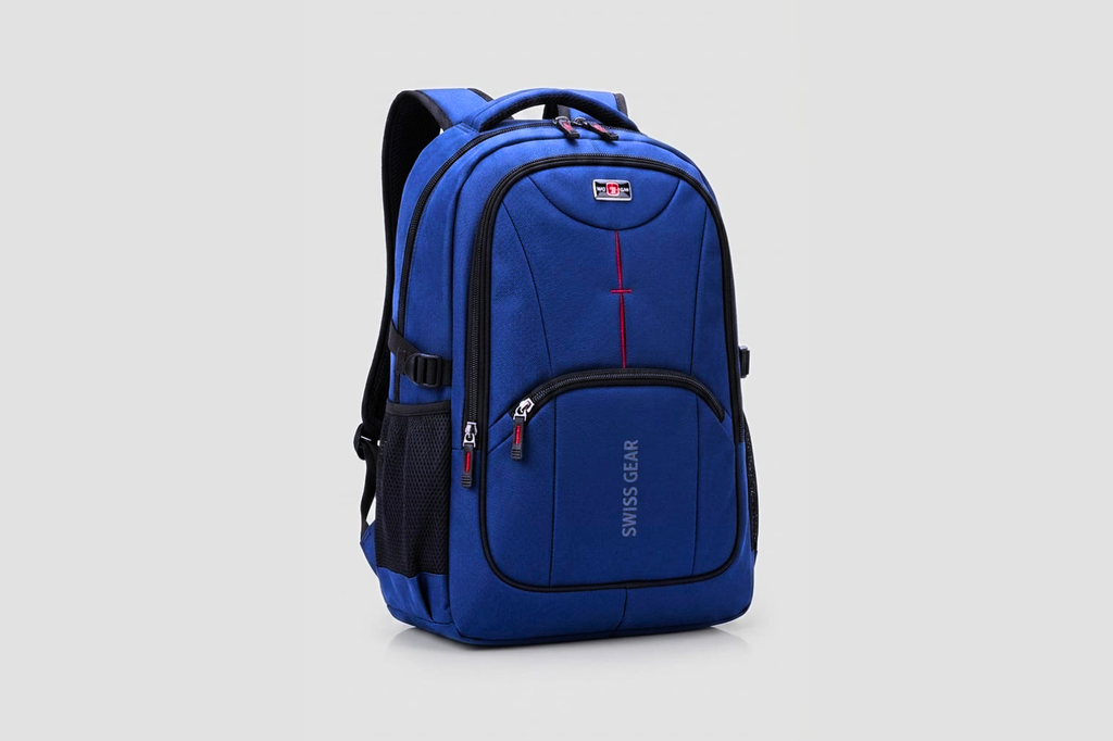 Blue bag with visible branding on a light gray background