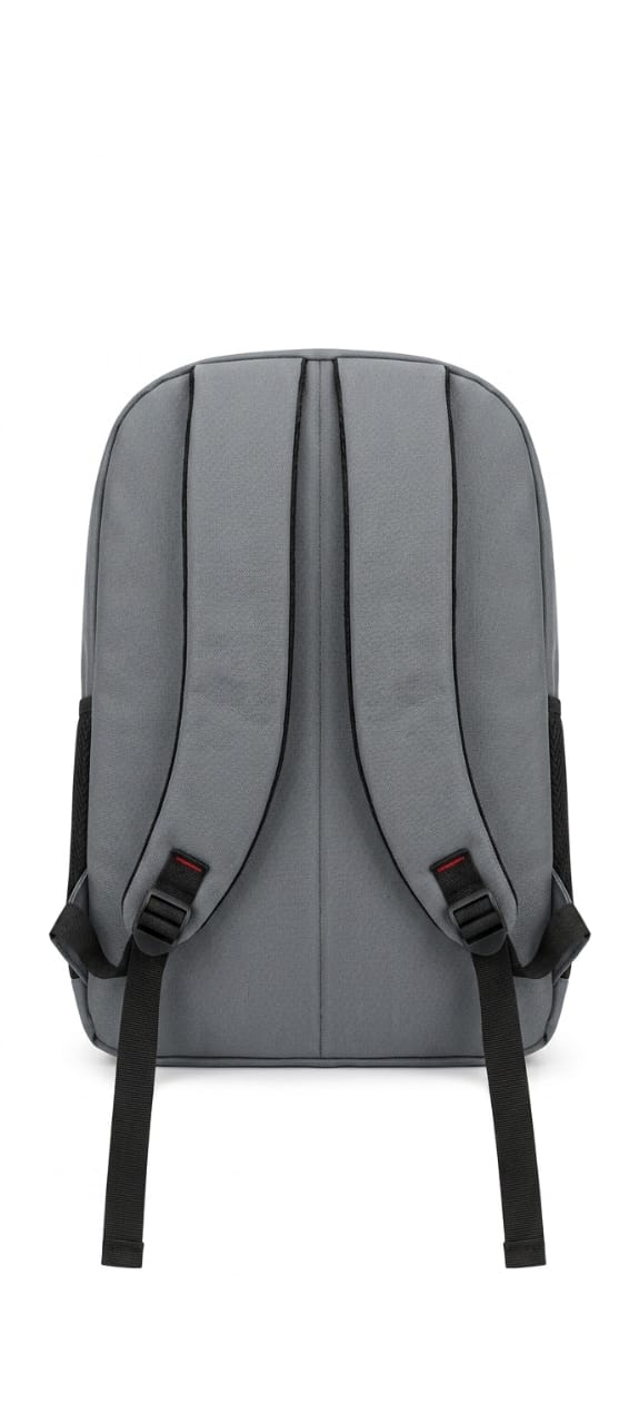 Gray backpack with black straps on a white background