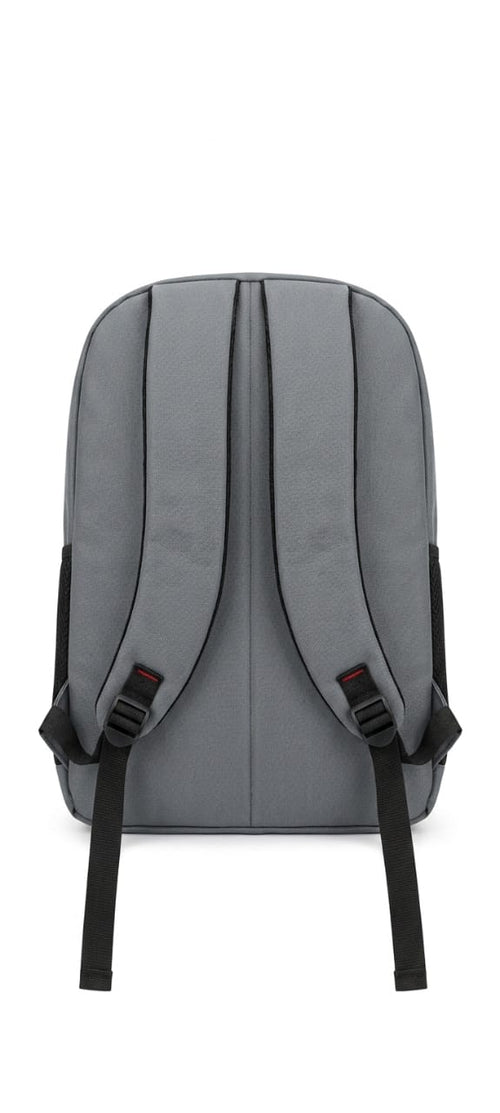 Gray backpack with black straps on a white background
