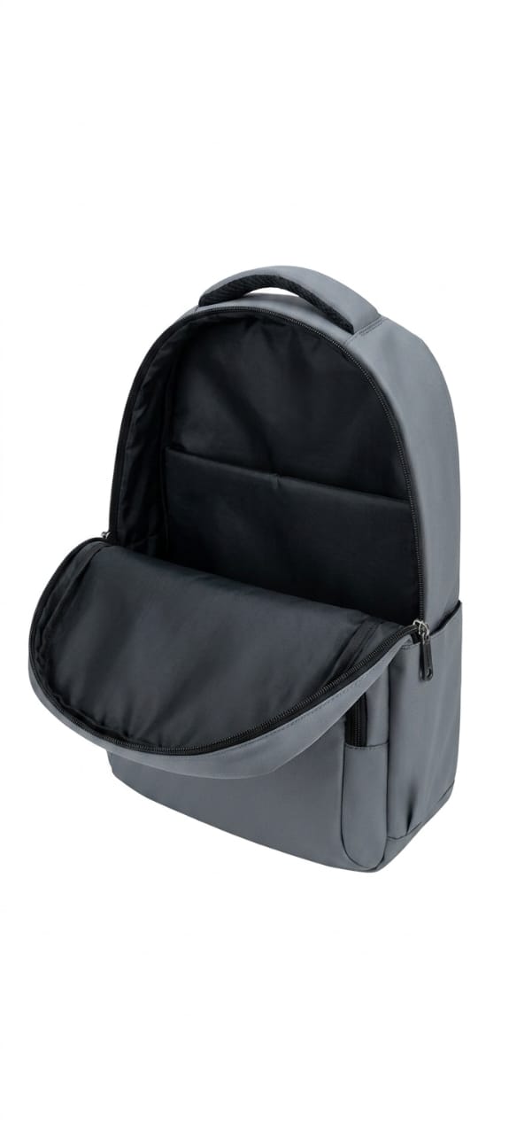 Gray backpack with open front compartment on a white background