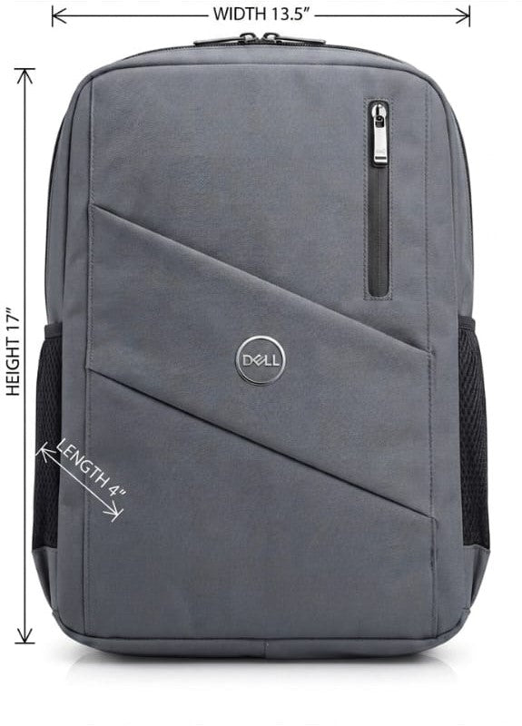 Dell grey laptop backpack front view with logo and single compartment design