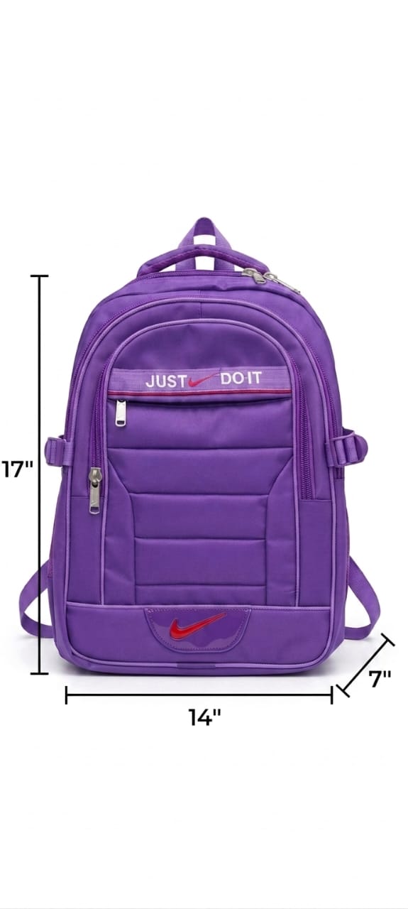 Purple backpack with Nike logo and 'Just Do It' text, shown with measurements on a white background.