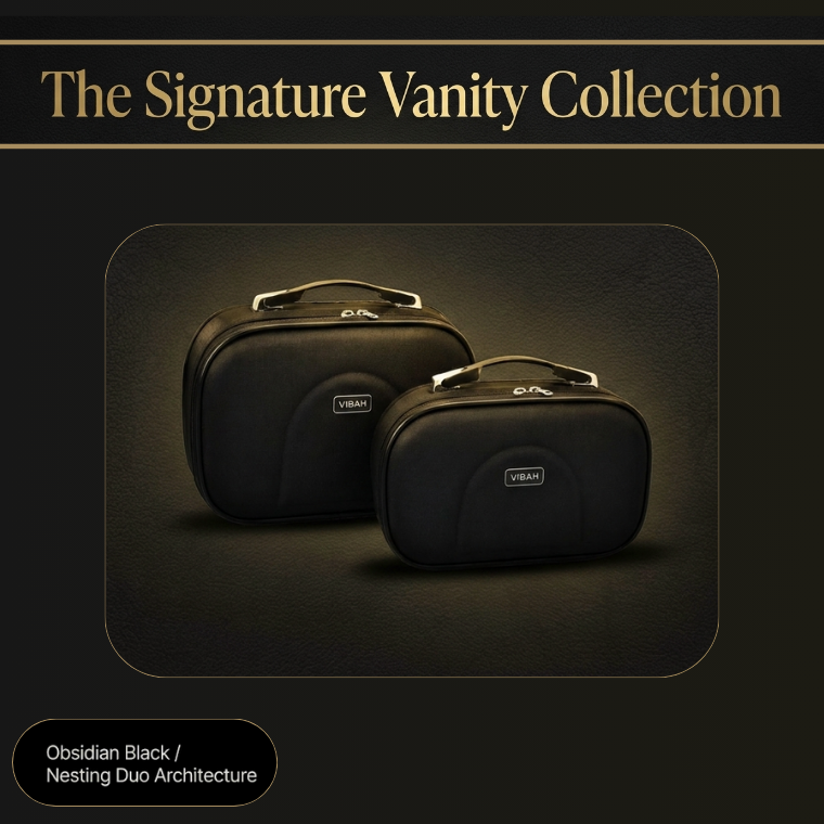 Two black vanity cases with 'Vibah' label on a dark background, labeled 'The Signature Vanity Collection'.
