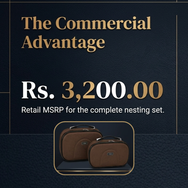 Advertisement for a complete nesting set of brown suitcases with text on a dark background.