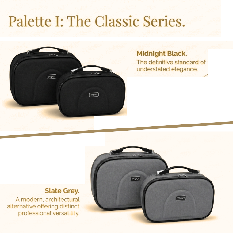 Two black and two gray cosmetic bags with brand name on a beige background.