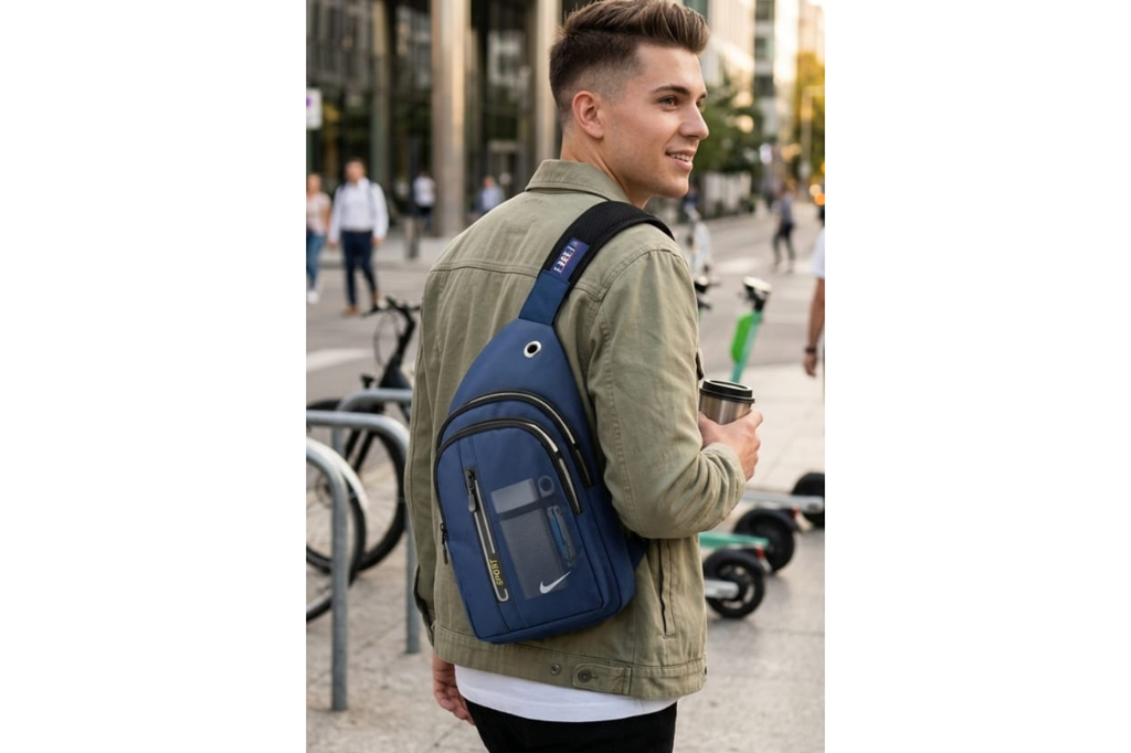 Man wearing a blue backpack with a cityscape background