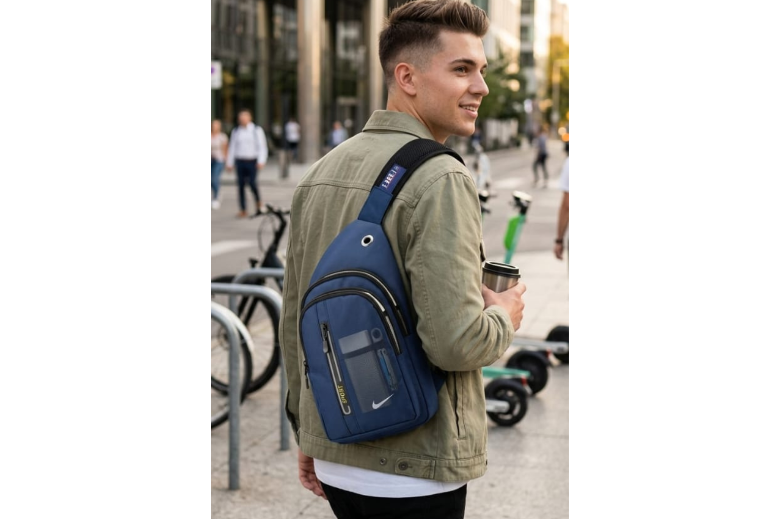 Man wearing a blue backpack with a cityscape background