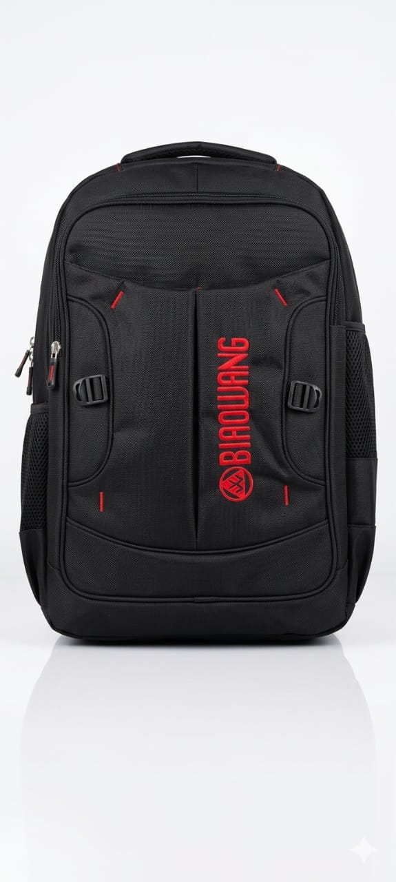 Black backpack with red branding on a white background