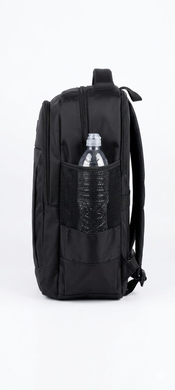 Black backpack with a water bottle pocket on a white background