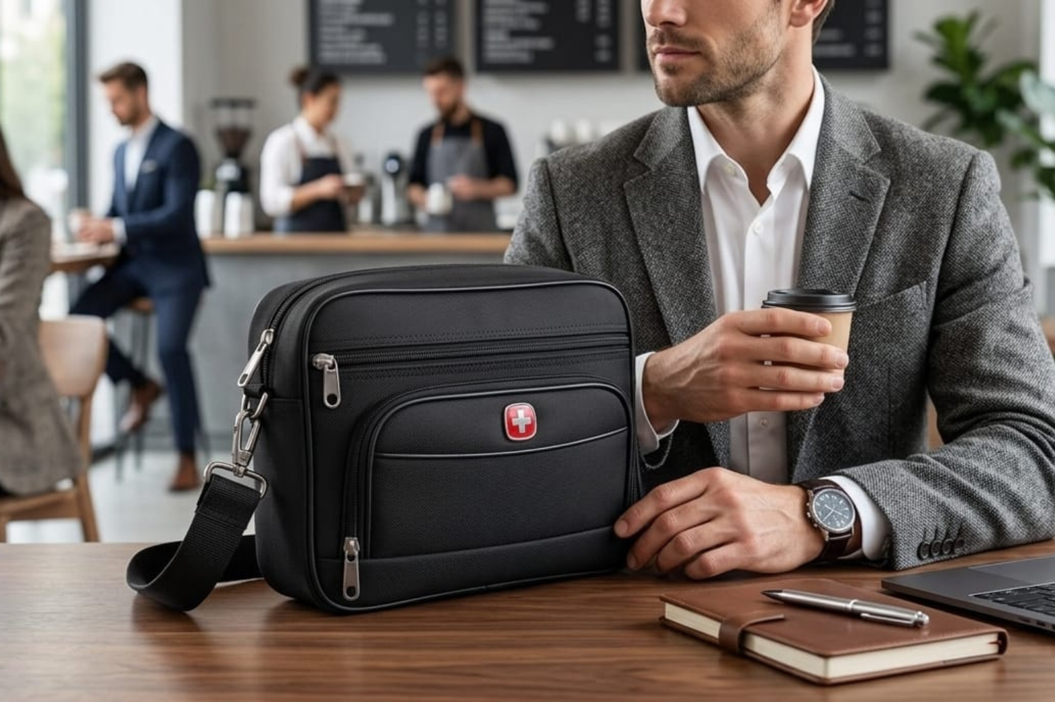 Man in a suit holding a coffee cup next to a black travel bag in a cafe setting