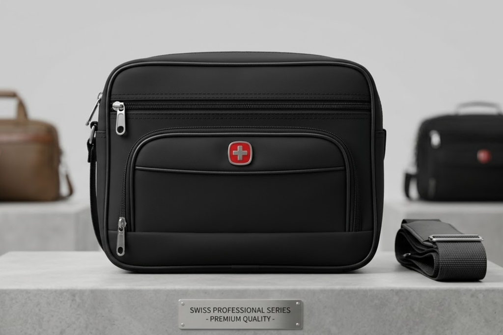 Black Swiss bag with a visible brand logo on a gray surface