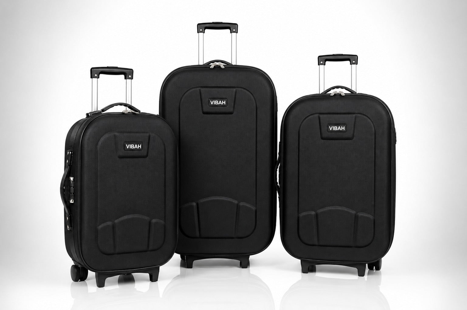 Three black trollys of different sizes with 'Vibrant' branding on a white background