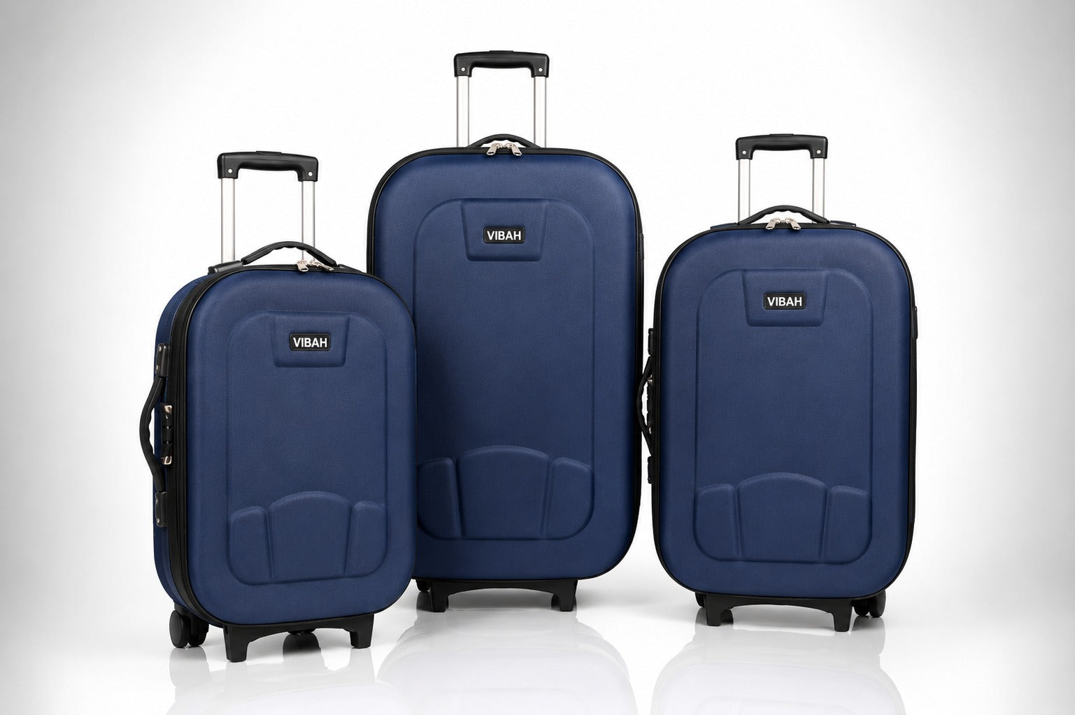 Three blue trollys of different sizes with 'Vibrant' branding on a white background