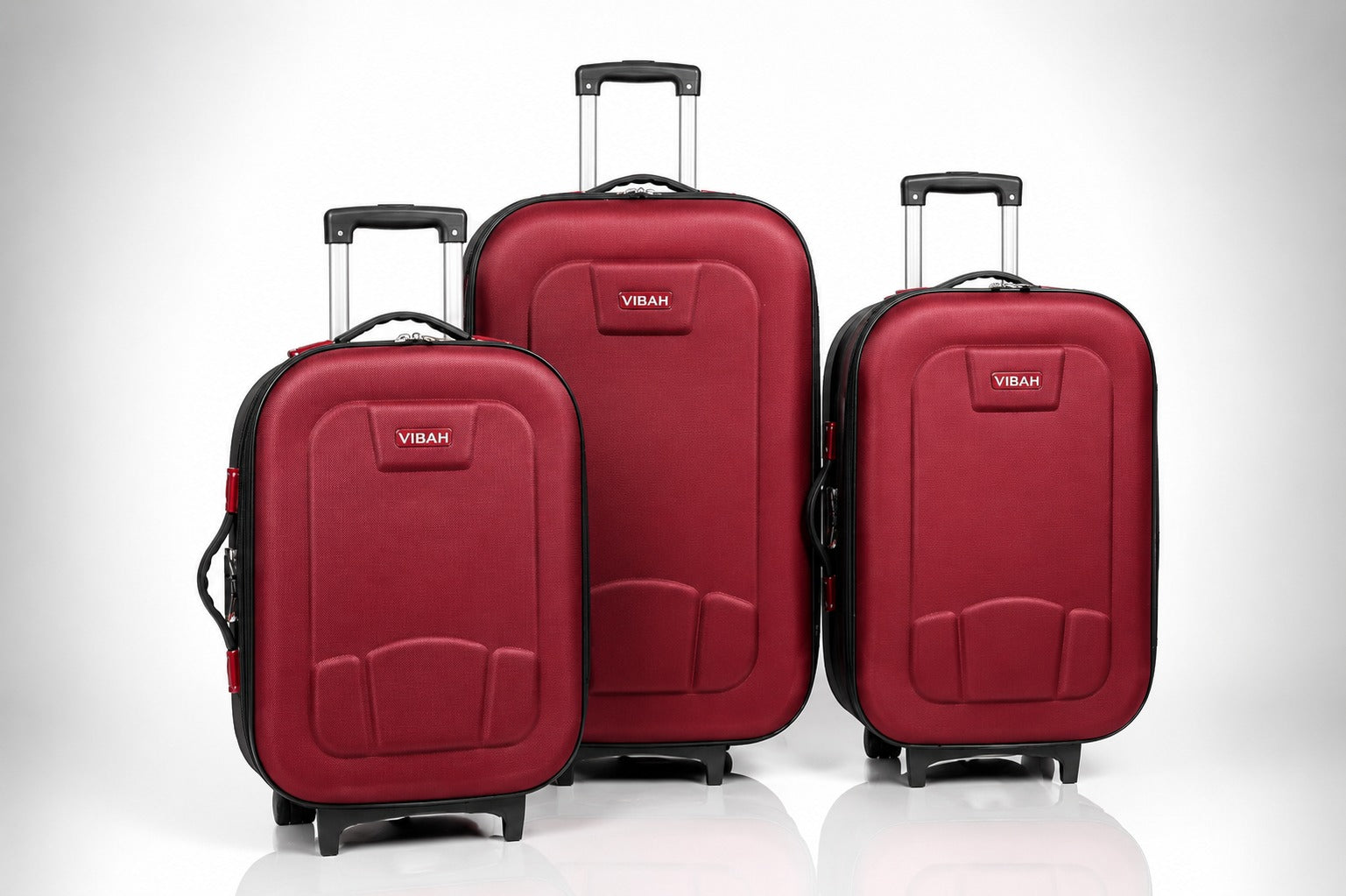 Three red trollys with 'Vibha' branding on a white background