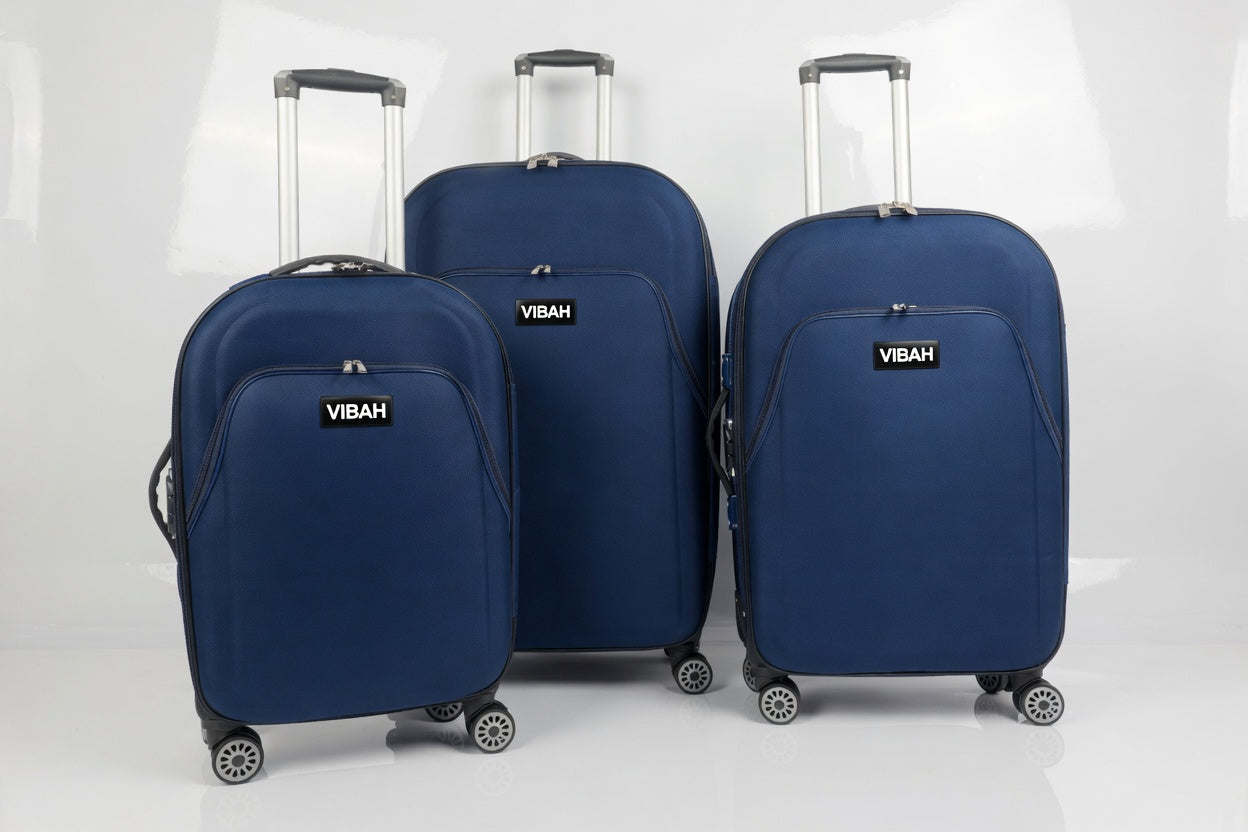 Three blue trolley with 'Vibah' branding on a white background