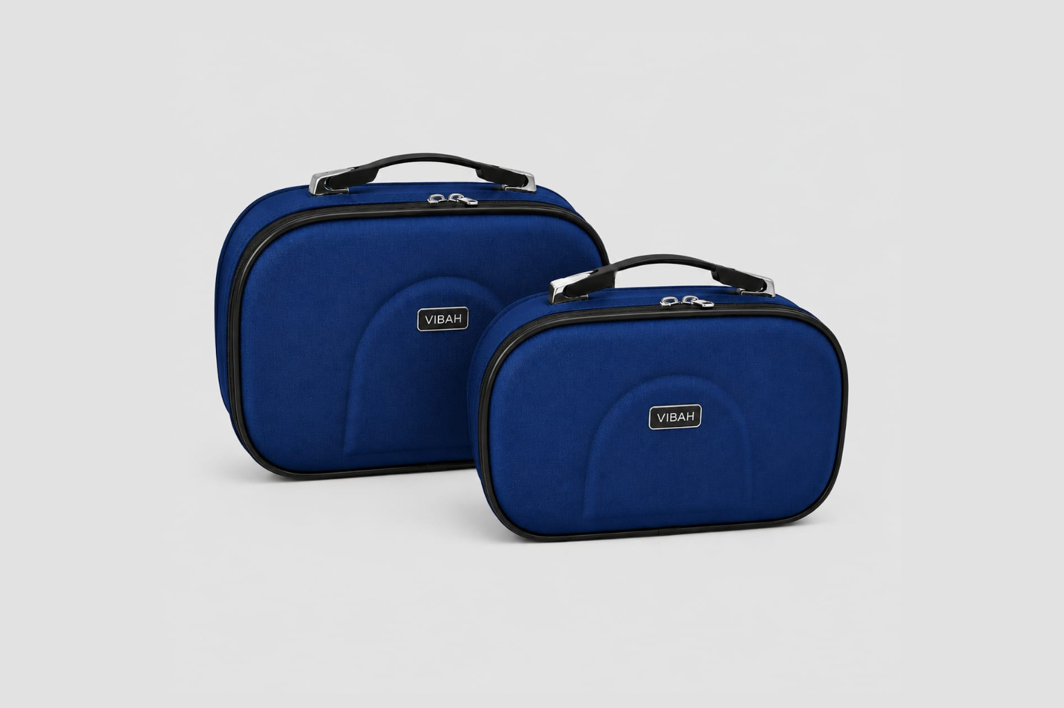 Two blue carrying cases with visible branding on a light gray background