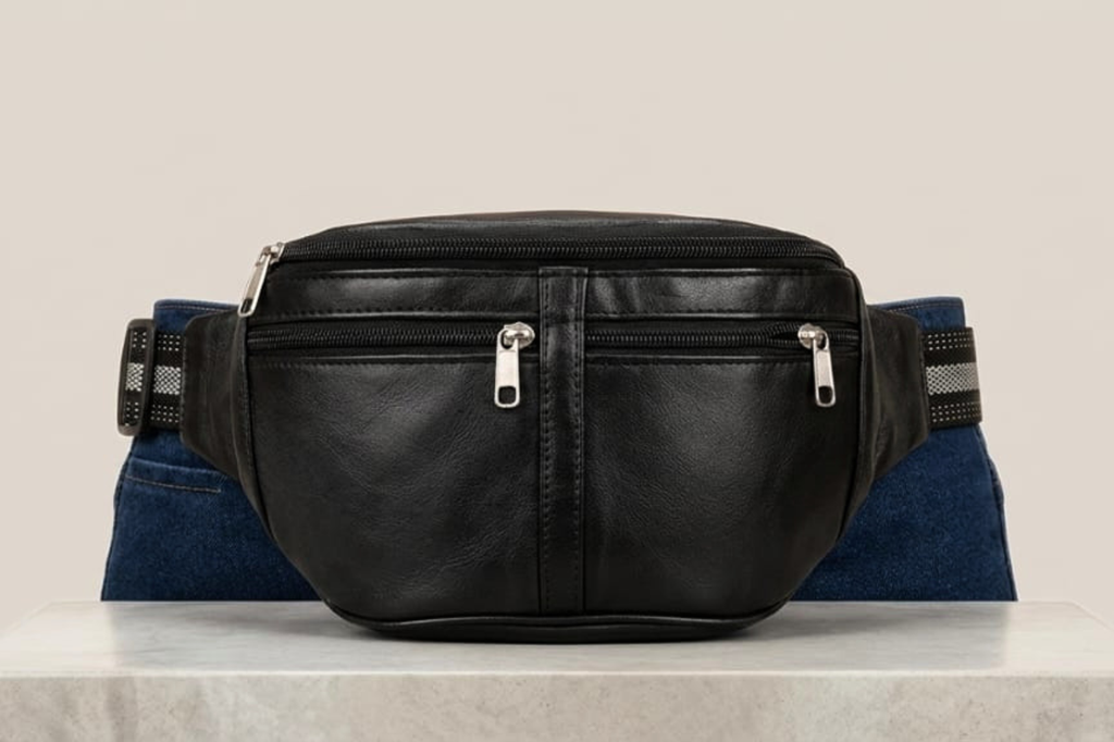 Black leather waist bag on a white surface with a neutral background