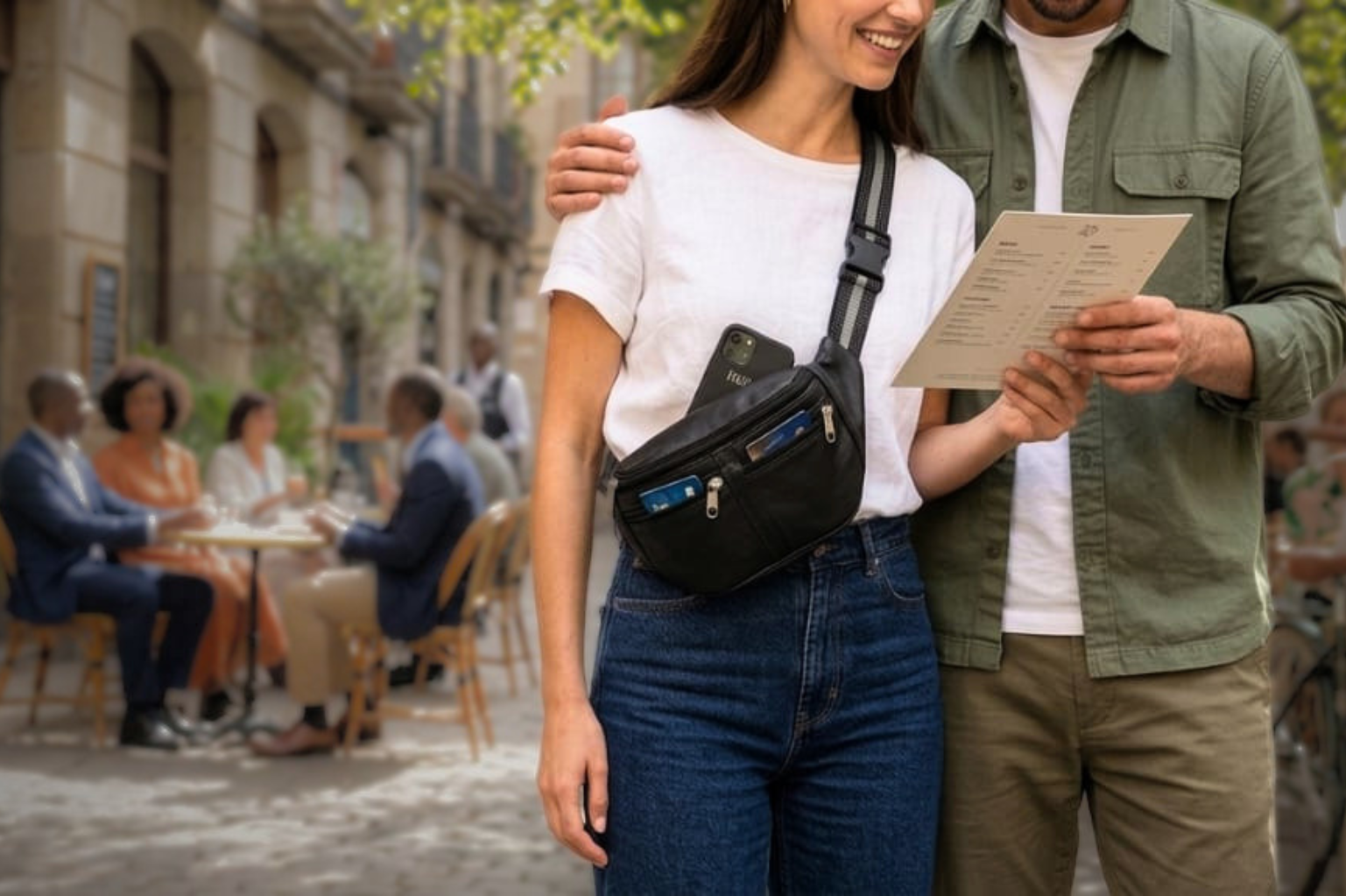 Couple standing together in an outdoor setting, holding a menu.